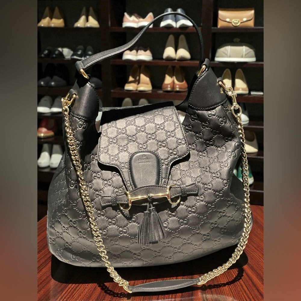 AUTHENTIC Gucci “Emily” Black Guccisma Large Leather Hobo. Excellent condition!